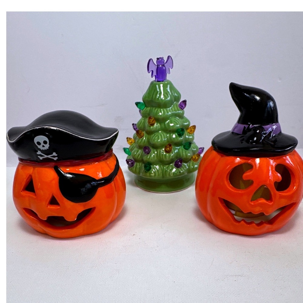 Mr. Christmas Ceramic Halloween Figurine Set 3pc Orange Green Excellent Lighted